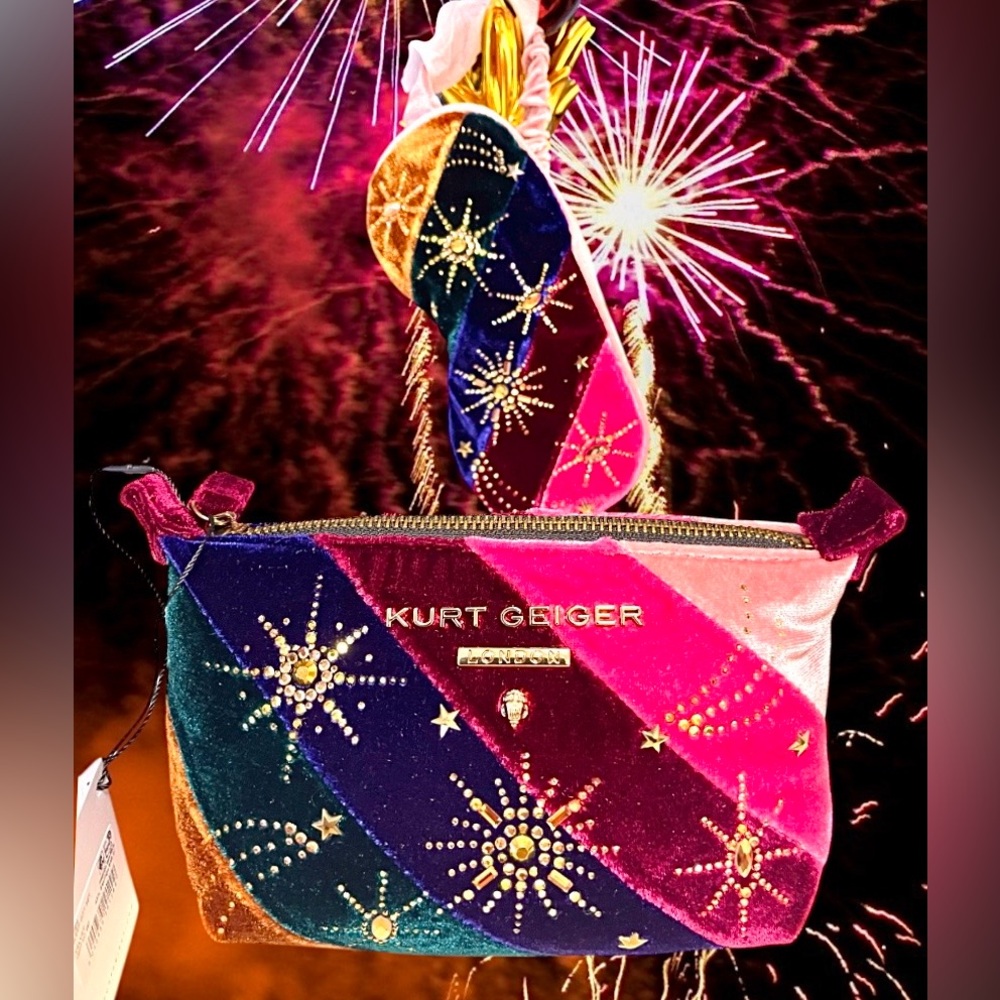 Kurt Geiger NWT Set Clutch/bag & Sleep Mask VibrantVelvet Colors GoldEmbellished